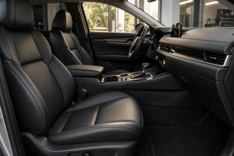 Black leather cabin and console in a fictional modern family vehicle