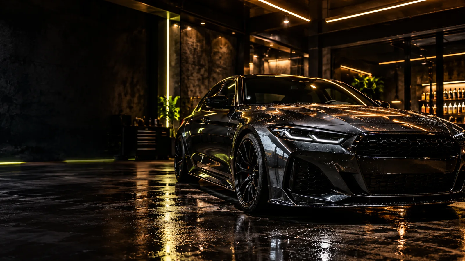 Unbranded dark sedan under warm lights in an imagined detailing studio