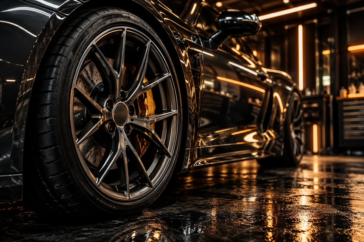 Illustration of a detailed alloy wheel under warm workshop light